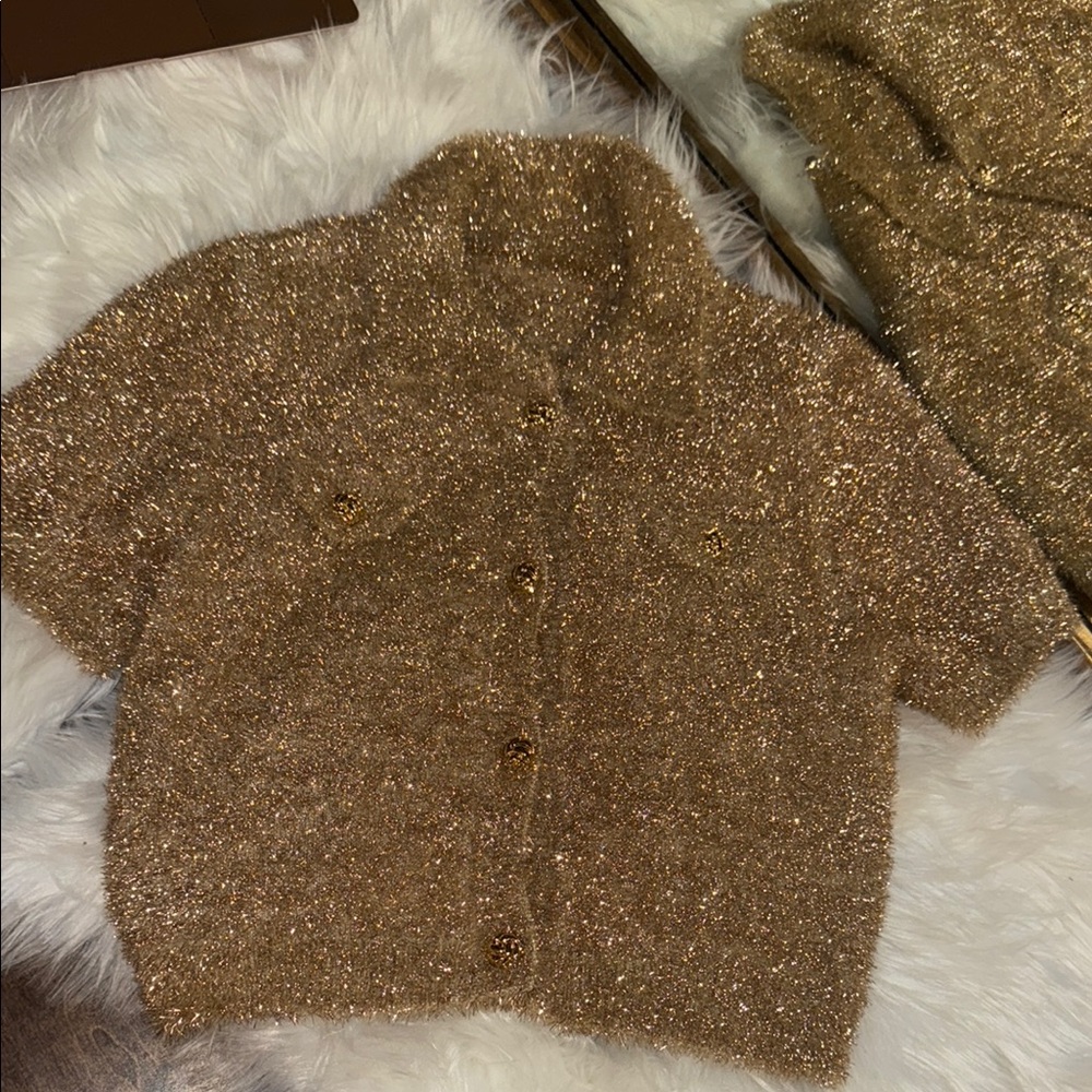 Sparkly Gold Short Sleeve Cardigan Top Blouse
